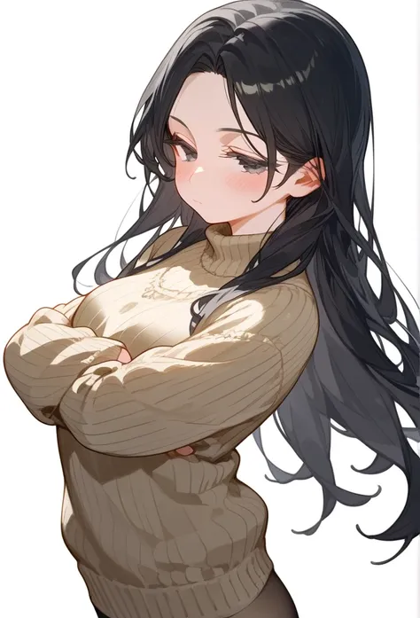 score_9, score_8_up, score_7_up, 1girl, woman, long hair, black hair, parted bangs, light black eyes, small breasts, innexpressive, beige sweater, blushing, narrowed eyes, closed mouth, standing, crossed arms, side view, thigh-high pantyhose, below view, u...