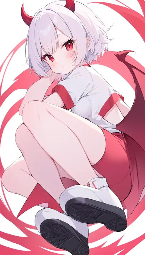 teenage girl, devil girl, little red horns, white hair, short fluffy hair, big red eyes, pale skin, rosy cheeks, medium breasts,...