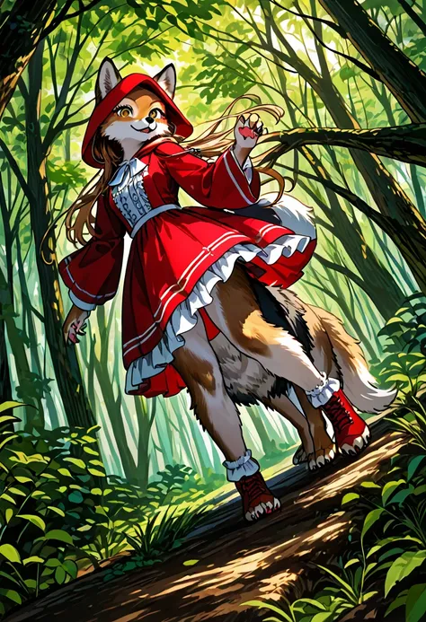 top quality, best quality, High-quality illustrations, masterpiece, super high resolution, detailed background, Little Red Riding Hood, forest, A wolf chases a girl, boy, girl, absurdres, perfect anatomy, good lighting, cinematic shadow(kemono, furry anthr...