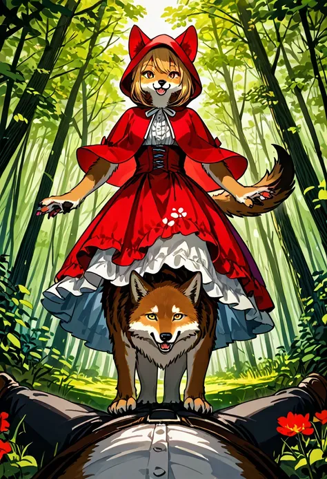 top quality, best quality, High-quality illustrations, masterpiece, super high resolution, detailed background, Little Red Riding Hood, forest, A wolf chases a girl, boy, girl, absurdres, perfect anatomy, good lighting, cinematic shadow(kemono, furry anthr...