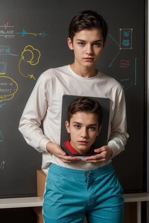 A beautiful young man, a cute male twink, with black hair, a face with reddish make-up, wearing a bright white long-sleeved shirt and aqua blue pants. He is in his office, and behind him is a blackboard on which is written the shape of the brain and its an...