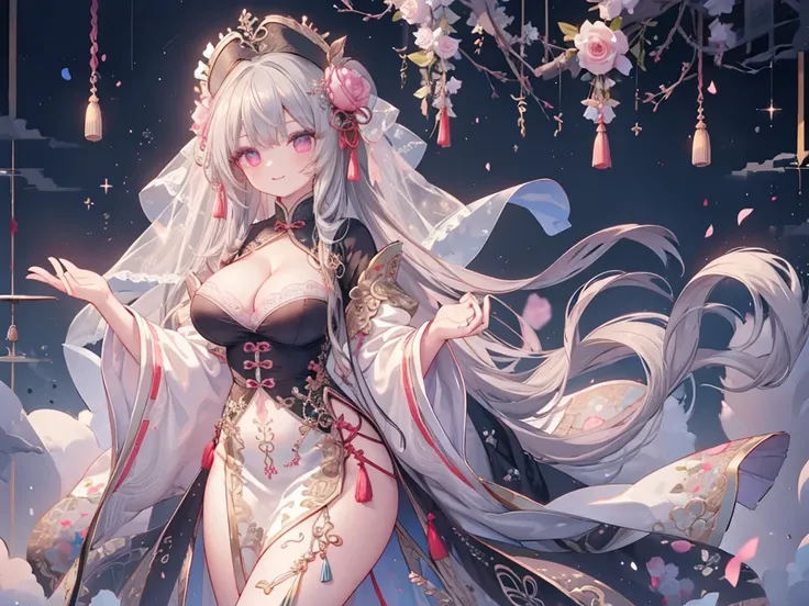 1 girl、Big Tits、Cleavage、bra、Chinese clothes with lots of frills、Chinese Fantasy、Ribbons and lace、A glittering world、Gray Hair、Fluffy and soft long hair、Rose Quartz Eyes、Lace veil、Chinese clothing studded with jewels、smile