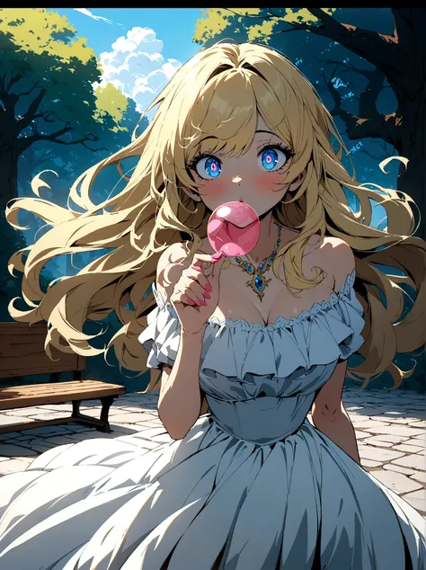 Anime art style, Spoiled brat, blond hair, perfect hair, blue eyes, chic and expensive clothes, magnificent white dress, blowing pink gum, look of superiority, daddys girl park background, stone floor, wooden bench, large trees, hair floating in the wind, ...