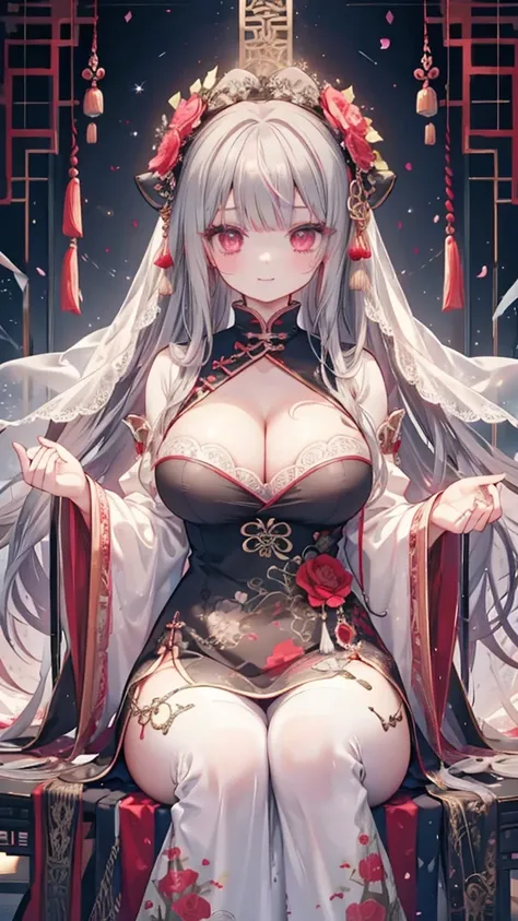 1 girl、Big Tits、Cleavage、bra、Red Chinese dress with lots of frills、Palaces in Chinese fantasy、Ribbons and lace、A glittering world、Gray Hair、Fluffy and soft long hair、Rose Quartz Eyes、Lace veil、Chinese clothing studded with jewels、smile