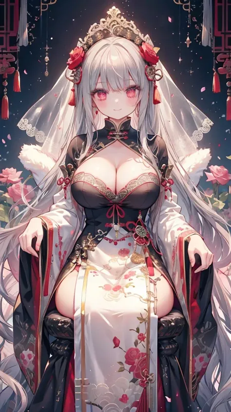 1 girl、Big Tits、Cleavage、bra、Red Chinese dress with lots of frills、Palaces in Chinese fantasy、Ribbons and lace、A glittering world、Gray Hair、Fluffy and soft long hair、Rose Quartz Eyes、Lace veil、Chinese clothing studded with jewels、smile