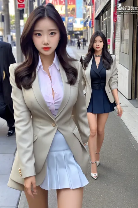 a 19 year old face of the most beautiful actress in the world, the perfect body proportions of a female, blazer is covering navel under large breasts of a female with formal shirt, panties between bare legs are seen only 1 cm thanks to skirt is too short, ...