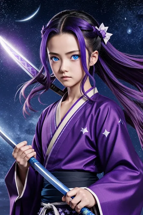 Hair with blue eyes, a purple aoiri with stars and a moon, a blue katana from the anime of Kimetsu no Yadai.