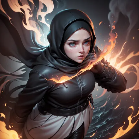 "White woman wearing a black hijab wearing a white zippered pink jacket, engulfed in flames, surrounded by billowing smoke, anime art, reminiscent of Greg Rutkowskis style combined with the magic of Studio Ghibli; Crazy attention to detail, subaquatic puzz...