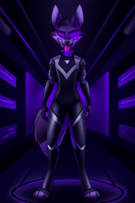 vortex hellhound standing, tongue out, using a gray latex suit, and a black techno collar, hypnotized with glowing purple eyes w...