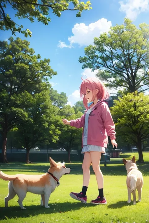 1 anime girl with pink hair in a park playing with some dogs