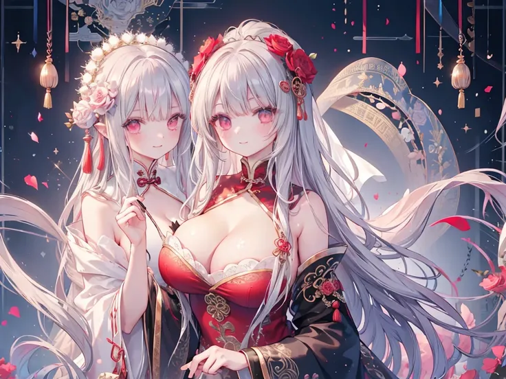 1 girl、Big Tits、Cleavage、bra、Red Chinese dress with lots of frills、Palaces in Chinese fantasy、Ribbons and lace、A glittering world、Gray Hair、Fluffy and soft long hair、Rose Quartz Eyes、Lace veil、Chinese clothing studded with jewels、smile、Sparkling sunlight