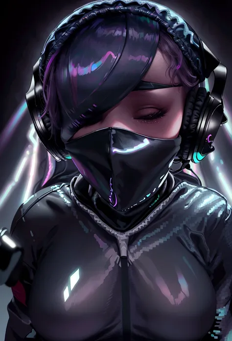 blindfolded young woman wearing headphones, glowing iridescent colors, only face in frame, thick fabric blindfold covering eyes