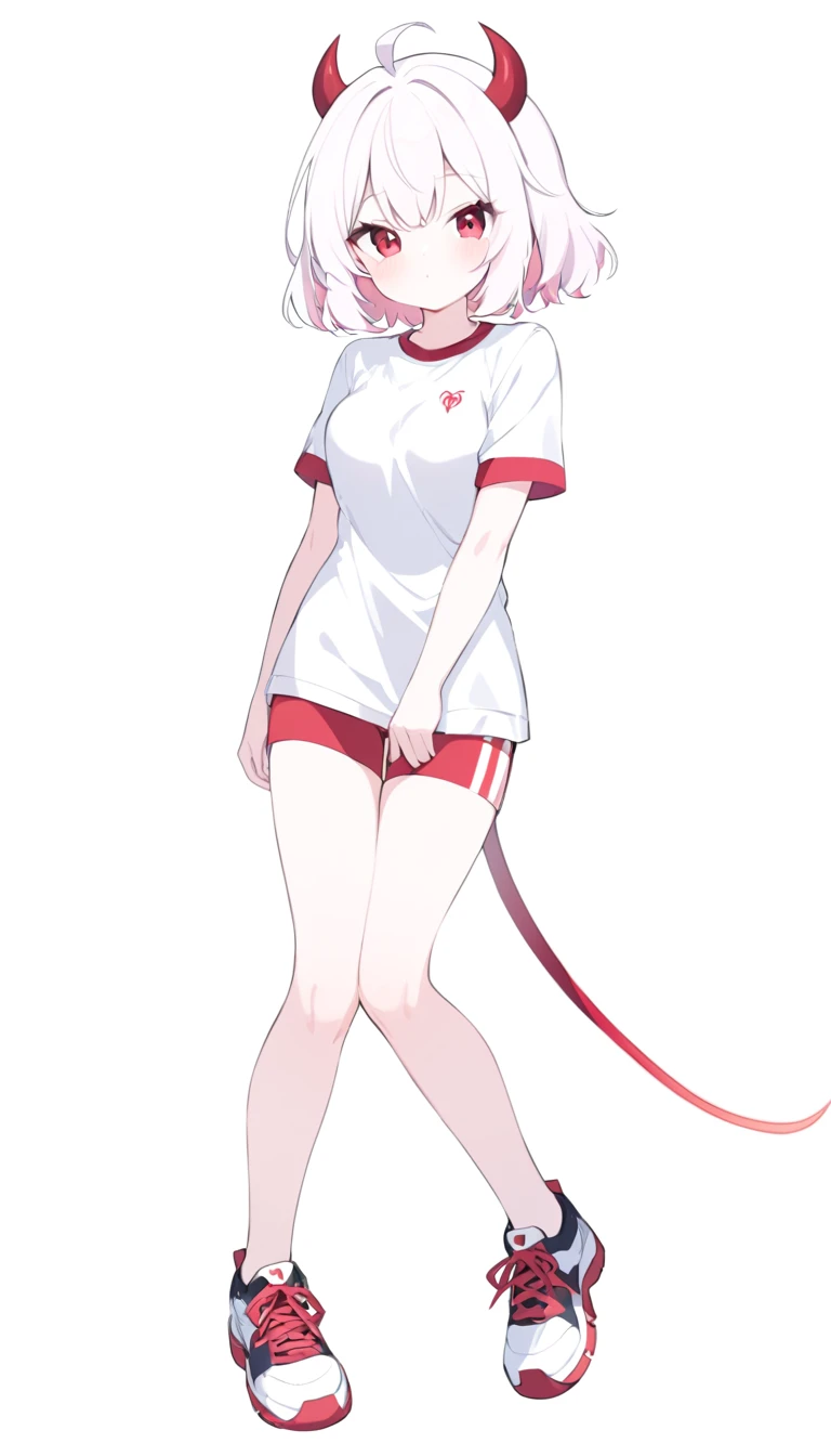 Teenage girl, devil girl, little red horns, white hair, short fluffy hair, big red eyes, pale skin, rosy cheeks, medium breasts, red cheeks, white sports shirt with a diaganal red side stripe from left to right. white background, full body