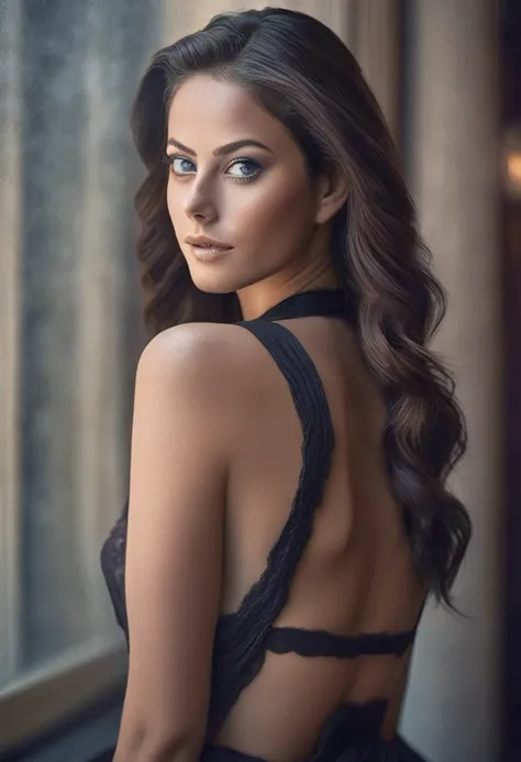 An amazing portrait of a beautiful brunette woman in dark dress, dark brown eyes, dark hair, straight hair, ponytail, great facial feature, perfect eyes, ultra realistic eyes, perfect face, perfect body, cinematic, color analog film photo, intimate posing,...