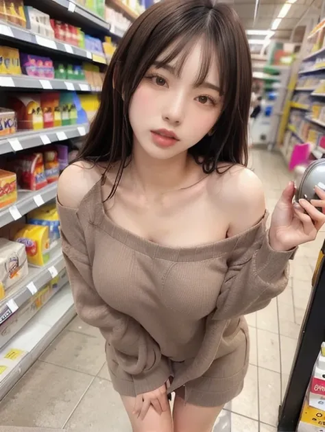 masterpiece, remote_play, remote_shake, Open your mouth, Half open your eyes, Off-the-shoulder tight clothing, Exposed large breasts, Expressions of Ecstasy、Inside the supermarket