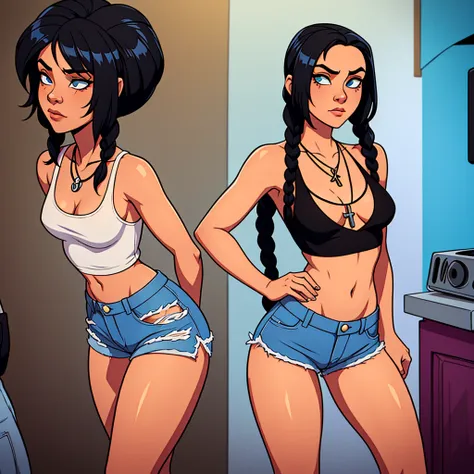 girl similar to gorillaz noodles, braided black hair, silver necklace with cross pendant, small breasts, low-cut white top, denim shorts, arms and legs with dirt stains, cyberpunk image style