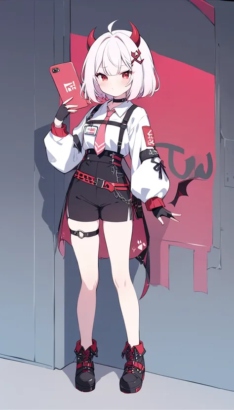 Teenage girl, devil girl, small red horns, white hair, short fluffy hair, big red eyes, pale skin, blushing cheeks,red cheeks, brown eyes, hair ornament, white shirt, long sleeves, pink tie, black choker, harness, name tag, multiple belts, high waist short...