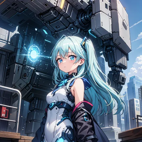 anime, 2 characters, (1 little anime girl, silver blue hair, blue glowing star-shaped eyes); (1 robot, mech, tall, cape, luminou...