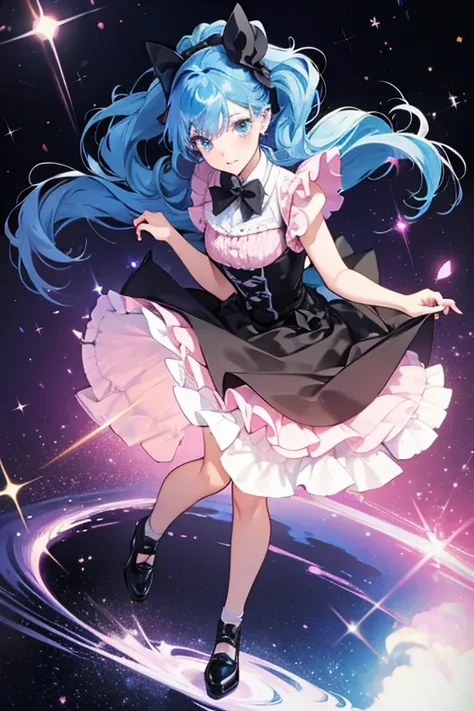 She has blue hair and a black bow tie her shoes are a shade of dark and light pink.  SPARKLE; GLITTER