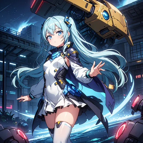 Anime, 2 Characters, (1 Little Anime Girl, Silver Blue Hair, blue glowing star-shaped eyes); (1 Robot, Mech, Tall, Cape, Luminous Eyes, Chunky, Fantasy, Lights, outdated, old style, bronze silver), Nature, Biomes with mountains