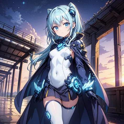 anime, 2 characters, (1 little anime girl, silver blue hair, blue glowing star-shaped eyes); (1 robot, mech, tall, cape, luminou...