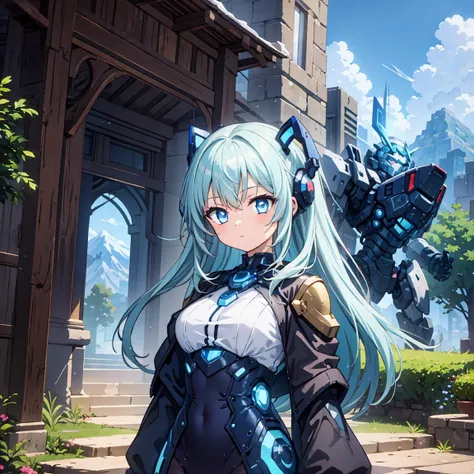 anime, 2 characters, (1 little anime girl, silver blue hair, blue glowing star-shaped eyes); (1 robot, mech, tall, cape, luminou...