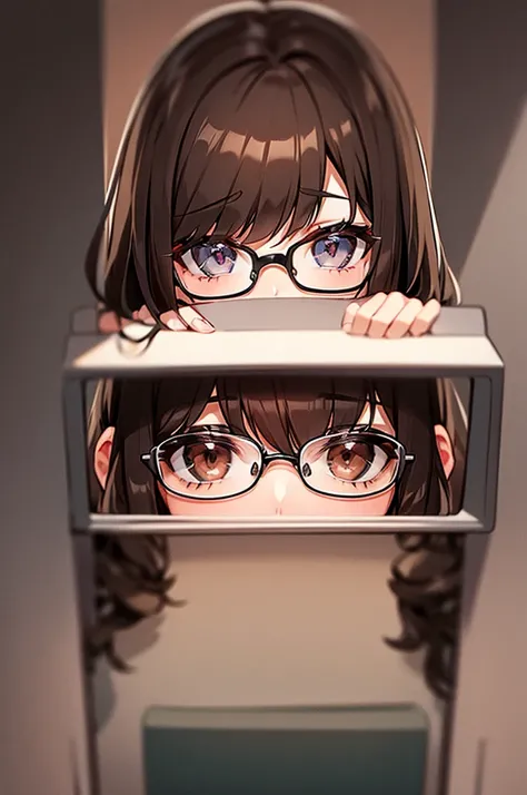 eyes browns, dark brown hair (wavy hair with bangs), square glasses (bigger pussy)