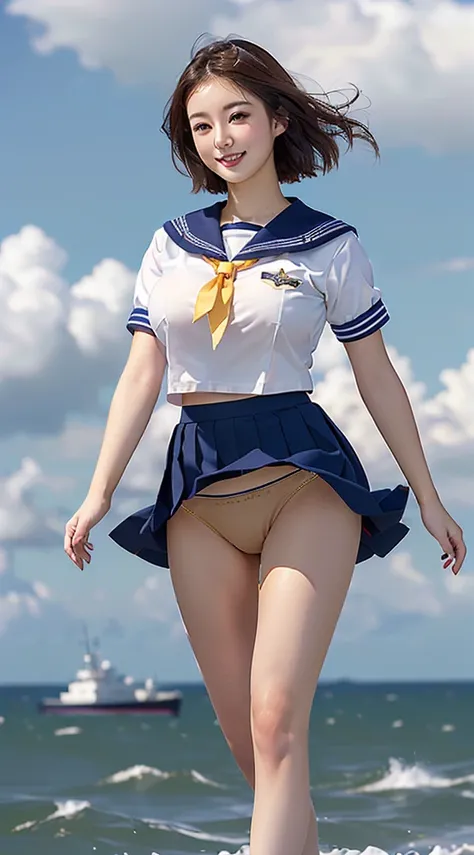 (in 8K、high resolution、best quality、Virtual image、masseuse piece、Ultra-high resolution、Highest quality:1.1),(18 years old:1.1)(High school girl、sailor suit、Navy pleated skirt、Golden T-back、Focus on the entire chest、The chest is quite large.、Beautiful big b...