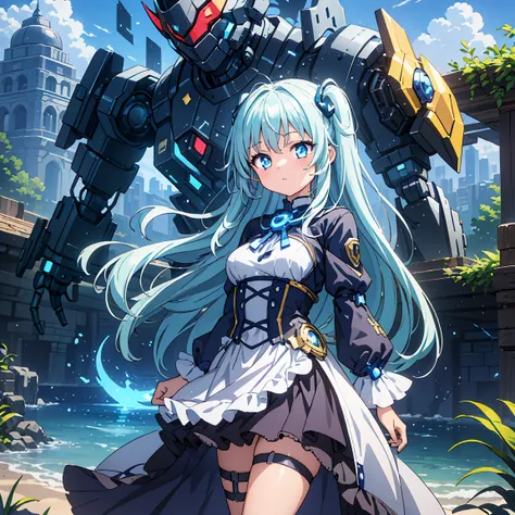 anime, 2 characters, (1 little anime girl, silver blue hair, blue glowing star-shaped eyes); (1 robot, mech, tall, cape, luminou...