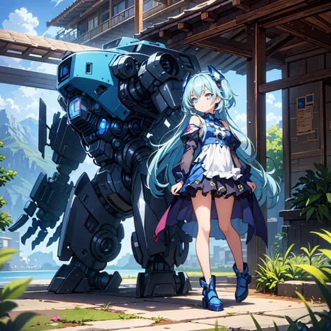 anime, 2 characters, (1 little anime girl, silver blue hair, blue glowing star-shaped eyes); (1 robot, mech, tall, cape, luminou...