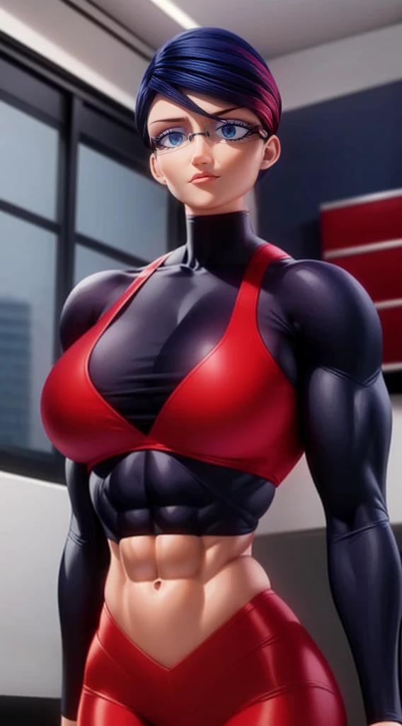 a muscular female bodybuilder in (( red bra inside (office suit) and her hair is (gradient of dark blue and red) from end to the...