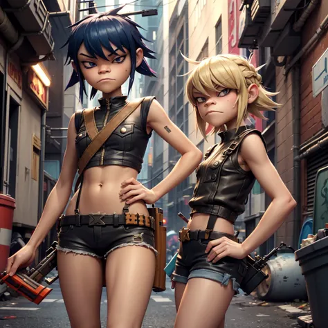 girl similar to gorillaz noodles,  braided blonde hair, ((anime girl nose)), holding a shotgun, black top, brown suspenders, denim shorts, taking shelter in the citys sewer, rats and trash are part of the cyberpunk scene, theme and city.