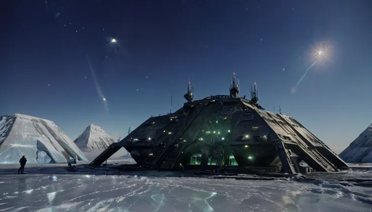 on a frozen planet, an alien spaceship of futuristic and organic design is parked on the icy surface. the ship has an imposing s...