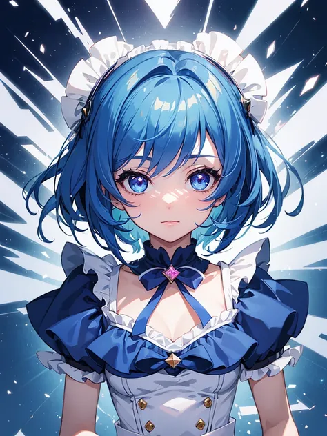 1girl, portrait, loli anime girl with short blue hair wearing maid outfit, blue hair with pink gradient, close up face, detailed eyes, detailed hair, emotional lovely happy expression, crystal glowing eyes, cinematic lighting, extremely detailed body, face...