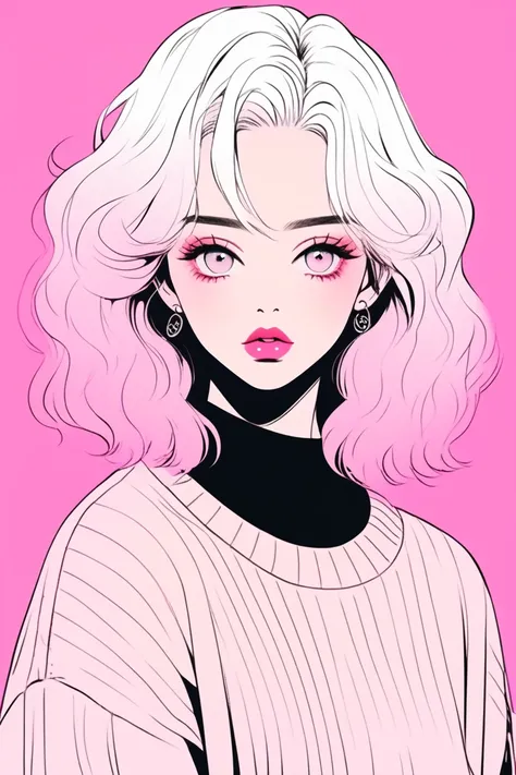 (Highest quality, sketch:1.2),Realistic,Illustrator,anime,1 Girl, Detailed lips,sweater,custom,Pink gradient background,Neon Hair,Texture Cropping,masterpiece, Style: Retro Classic, Dark Black 