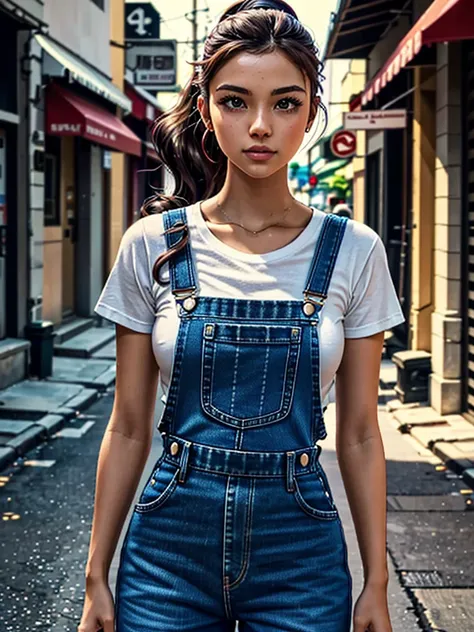 a photo of pho3b3cat3s, beautiful woman, ((24 years old)), street, tshirt, denim overalls, 1980s, retro, long wavy dark hair pon...