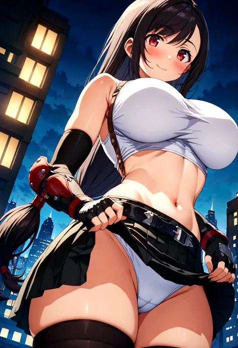 score_9, score_8_up, score_7_up,4k, ,BREAK , from below,from side,breast focus:1 ,below view.standing,straight-on,(skirtlift),,(upperbody:1.5),looking_at_viewer ,1girl, tifa lockhart, final fantasy, tareme,black hair, low-tied long hair, red eyes, bangs, w...