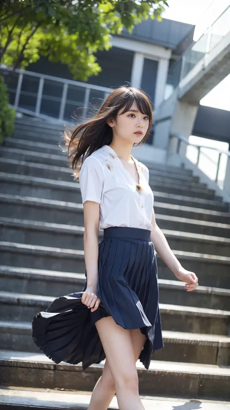 ((Viewing angle from below、Highest quality、masterpiece、32k、Every detail))、Descend the outdoor stairs、commute、Systemic symptoms、Traditional navy blue sailor uniform、White blouse、Pleated skirt、(((A strong wind blows up her hair and skirt:1.62)))、(( I always ...