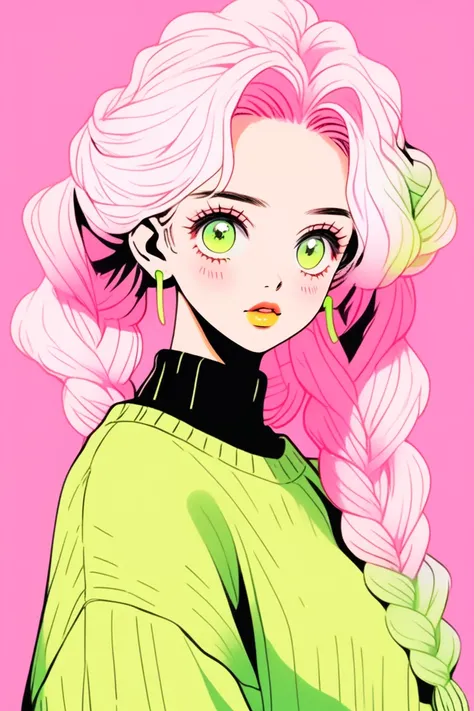 (highest quality, sketch:1.2),realistic,illustrator,anime,1 girl, detailed lips,sweater,custom,pink gradient background,neon hai...