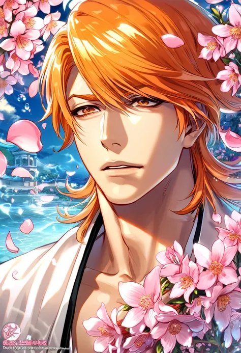 absurdres, highres, ultra detailed, HDR, master piece, best quality, Inoue Orihime, orange hair, expressive brown eyes, Bleach, solo, sexy man, handsome, white clothes, fantasy, shining, pink flowers, pink blossoms, water, pink petals