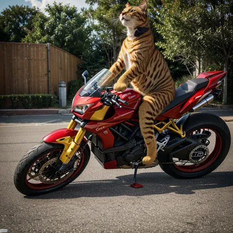 A yellow cat,Riding a red Ducati,Photorealistic feeling,Real-life cat,The picture has strong contrast,