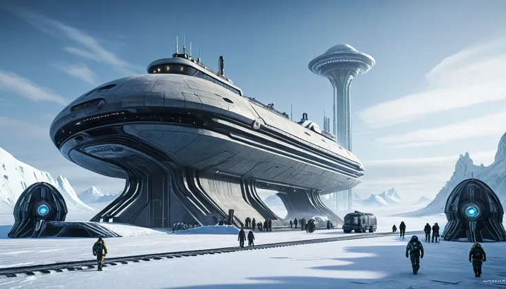 On a frozen planet, a futuristic designed alien spaceship parked on the icy surface. Several members of the alien crew descend an extended ramp from the ship... These aliens have space suits adapted to the icy environment, showing advanced and incomprehens...