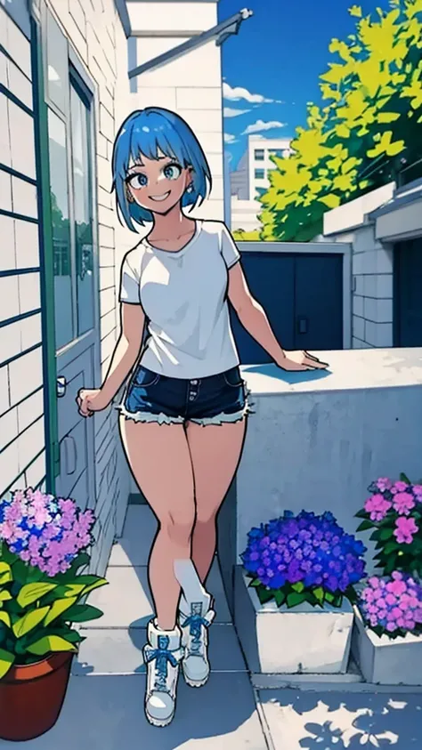 Girl, blue hair, blue eyes, short hair, flowers earrings, freckles, big  , white t shirt, mini shorts, white high heels, thicc, standing smiling.