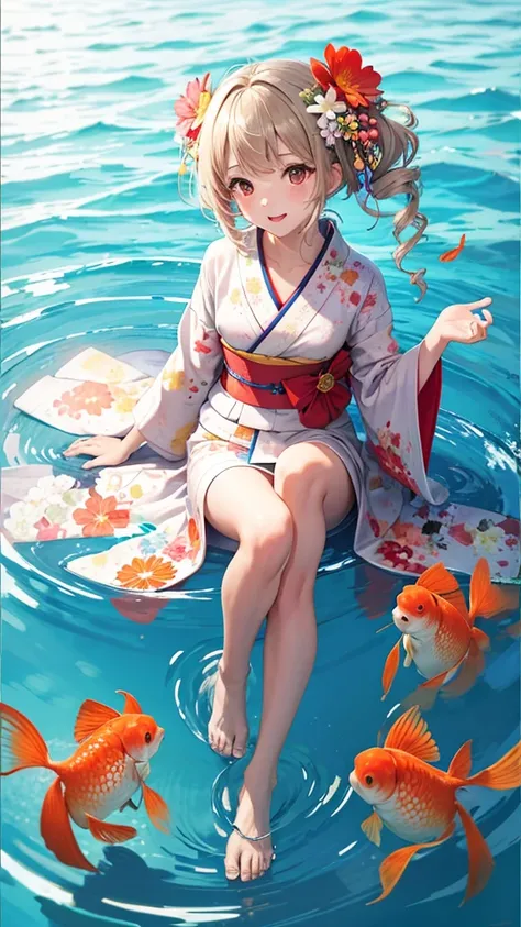 summer　kimono　Goldfish　flower　Girl　clear　cute　Emotional