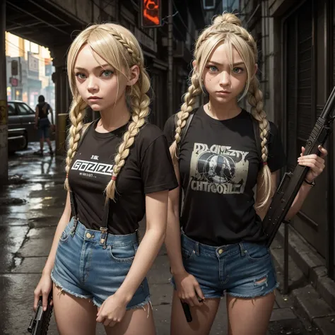 girl similar to gorillaz noodles, braided blonde hair, ((anime girl nose)), holding a shotgun, black t-shirt, brown suspenders, denim shorts, taking shelter in the citys sewer, rats and trash are part of the cyberpunk scene, theme and city.