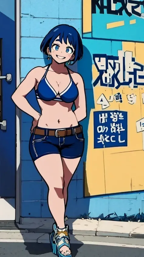 Girl, blue hair, blue eyes, short hair, flowers earrings, freckles, big  , blue bikini, mini shorts, white high heels, thicc, standing smiling.