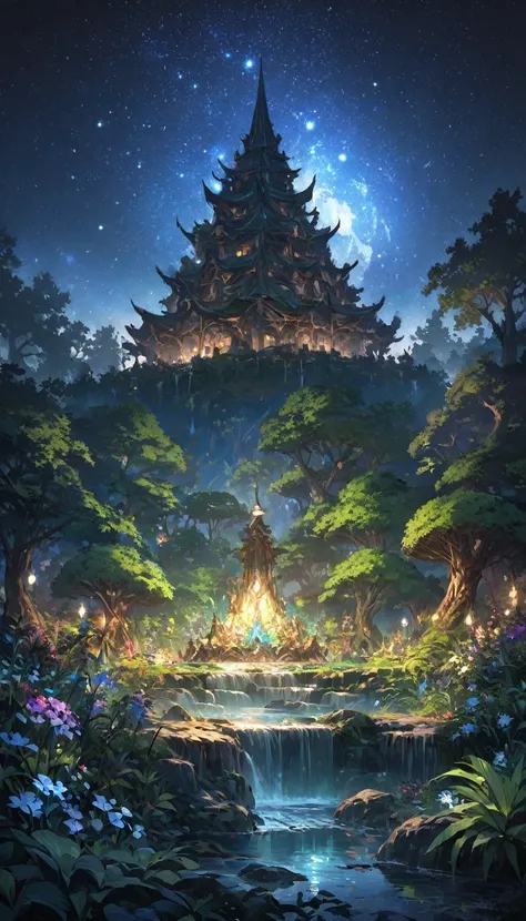 Detailed beautiful fantasy magical plants forest, Starry night sky, Dark mysterious background, 发光的紫红色light, Yggdrasil, the World Tree, (best quality,4K,8K,high resolution,masterpiece:1.2),Extremely detailed,(Practical,photoPractical,photo-Practical:1.37),...