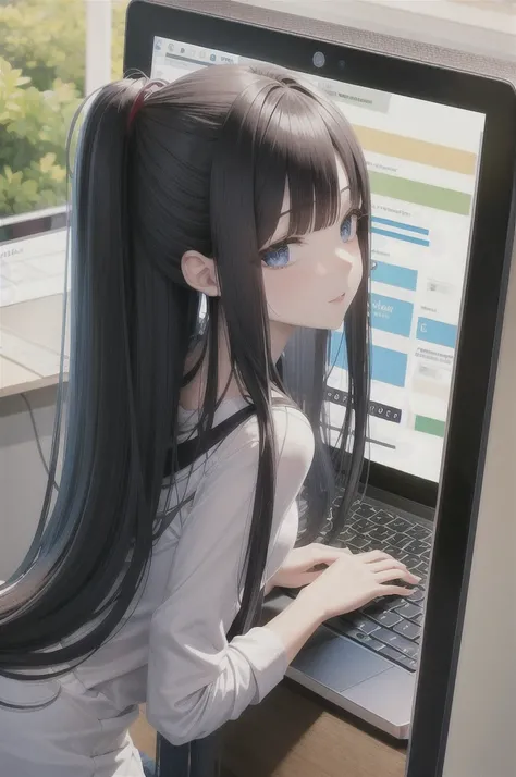  long black hair using computer 
