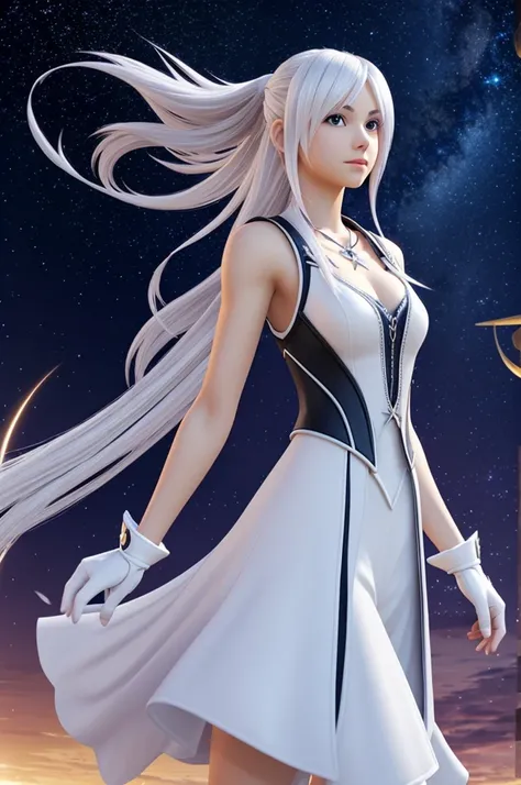 Kingdom hearts oc Charakter, female with white long hair, stars in the background, Elegant and practical white clothing.