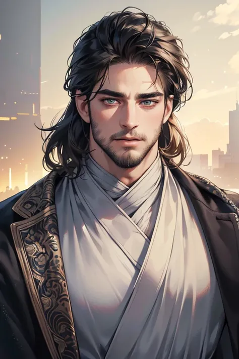 (best quality,4k,8k,highres,masterpiece:1.2),ultra-detailed,(realistic,photorealistic,photo-realistic:1.37),30 year old man,3 day beard,handsome anime,portraits,strong,masculine,dark hair,sharp jawline,mesmerizing eyes,perfectly styled hair,cool anime outf...